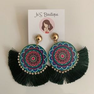 Dark green colorful tassel earrings